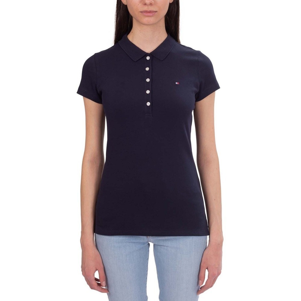 Tommy Hilfiger Womens Navy Blue Short Sleeve Pique Polo Shirt Slim Fit Logo